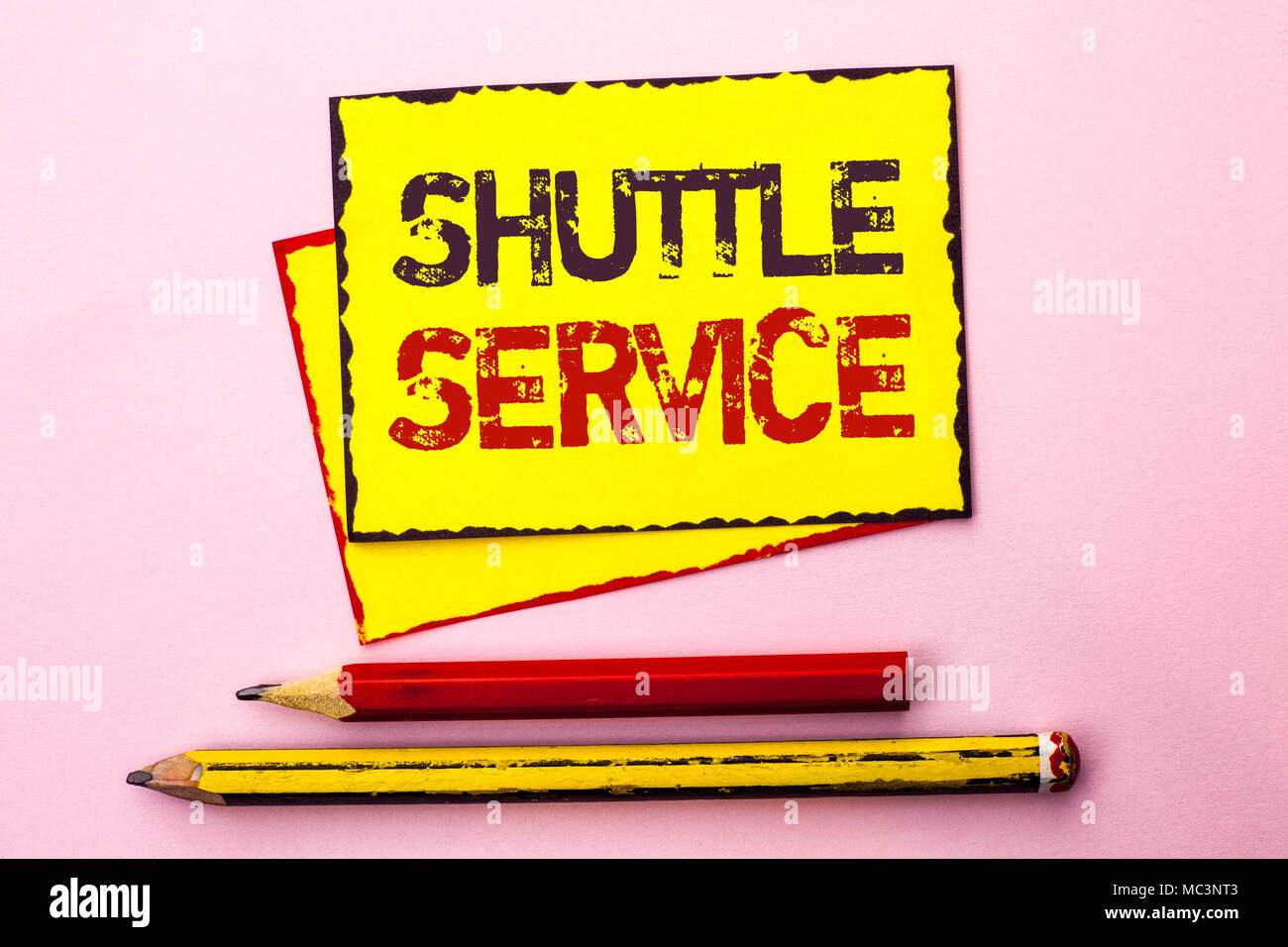 Text sign showing Shuttle Service. Conceptual photo Transportation Offer Vacational Travel Tourism Vehicle written Yellow Sticky Note Paper the Pink b Stock Photo