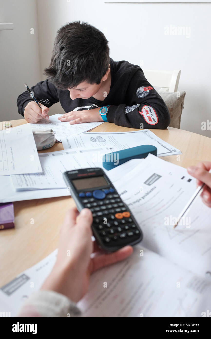 Children study together- revising exams papers at home Stock Photo