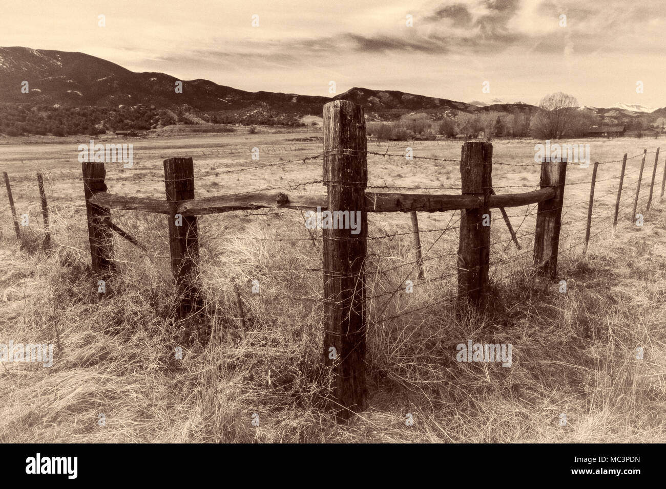 Infrared; black & white view of wooden fencepost and barbed wire; Vandaveer Ranch; Salida; Colorado; USA Stock Photo