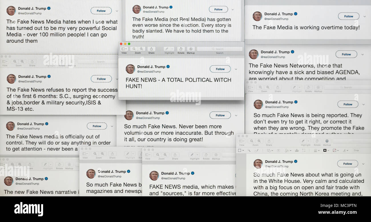 Collage of President Donald Trump's Twitter tweets about FAKE NEWS and the biased media. Stock Photo