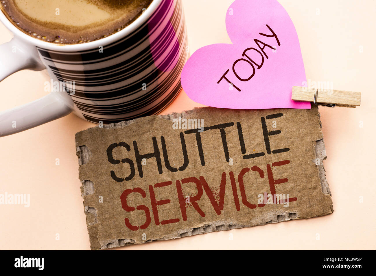 Text sign showing Shuttle Service. Conceptual photo Transportation Offer Vacational Travel Tourism Vehicle written Tear Cardboard Piece the plain back Stock Photo