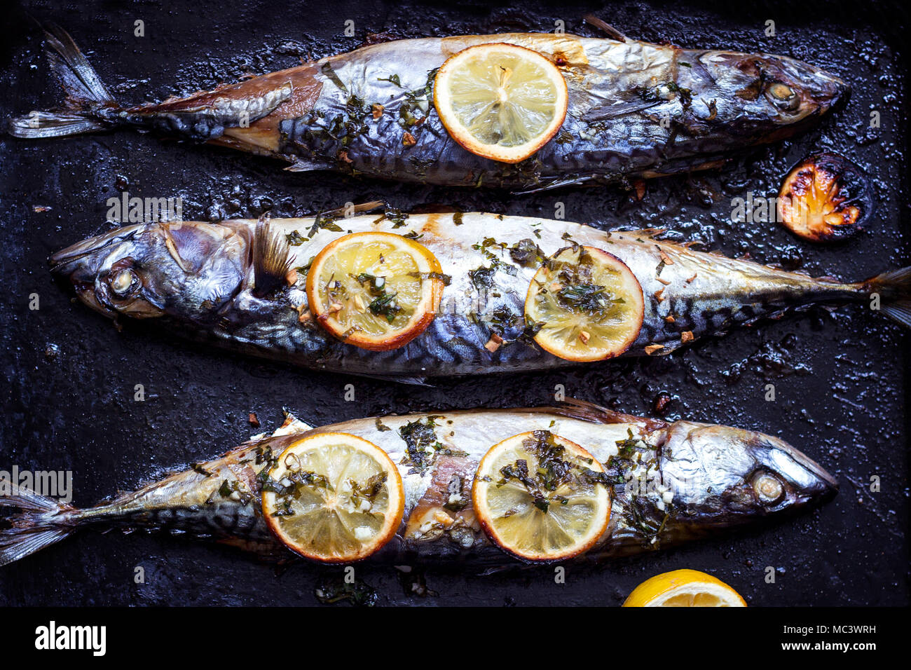 Baked fresh mackerel fish, with lemon and seasoning, on baking tray