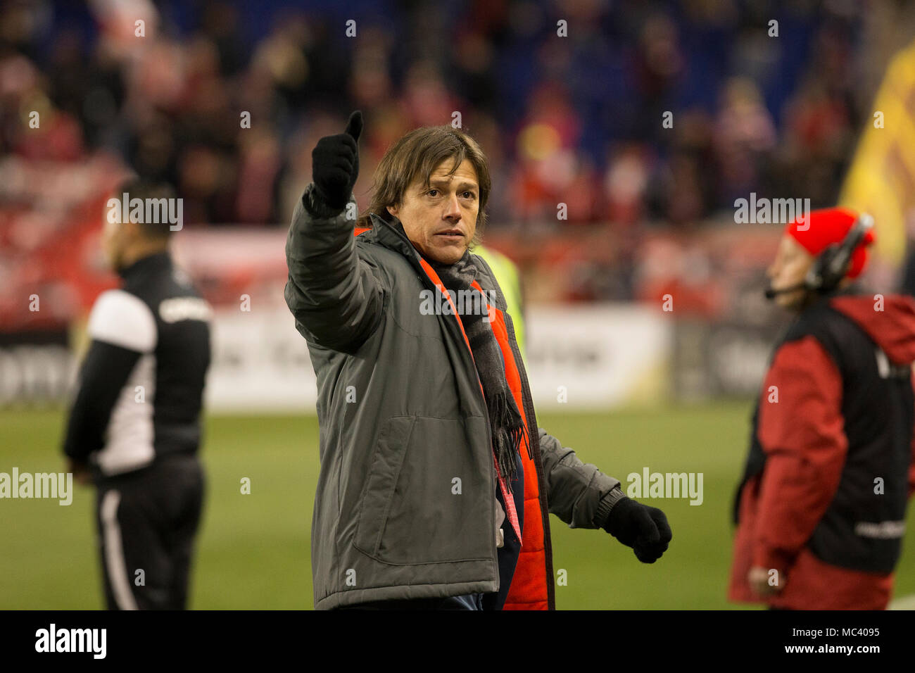 Harrison, United States. 10th Apr, 2018. Coach Matias Almeyda of CD Guadalajara celebrates winning Scotiabank Concacaf Champions League semifinal against Red Bulls at Red Bull Arena game ended in draw 0 - 0 (1 - 0 aggregate for Guadalajara) Credit: Lev Radin/Pacific Press/Alamy Live News Stock Photo