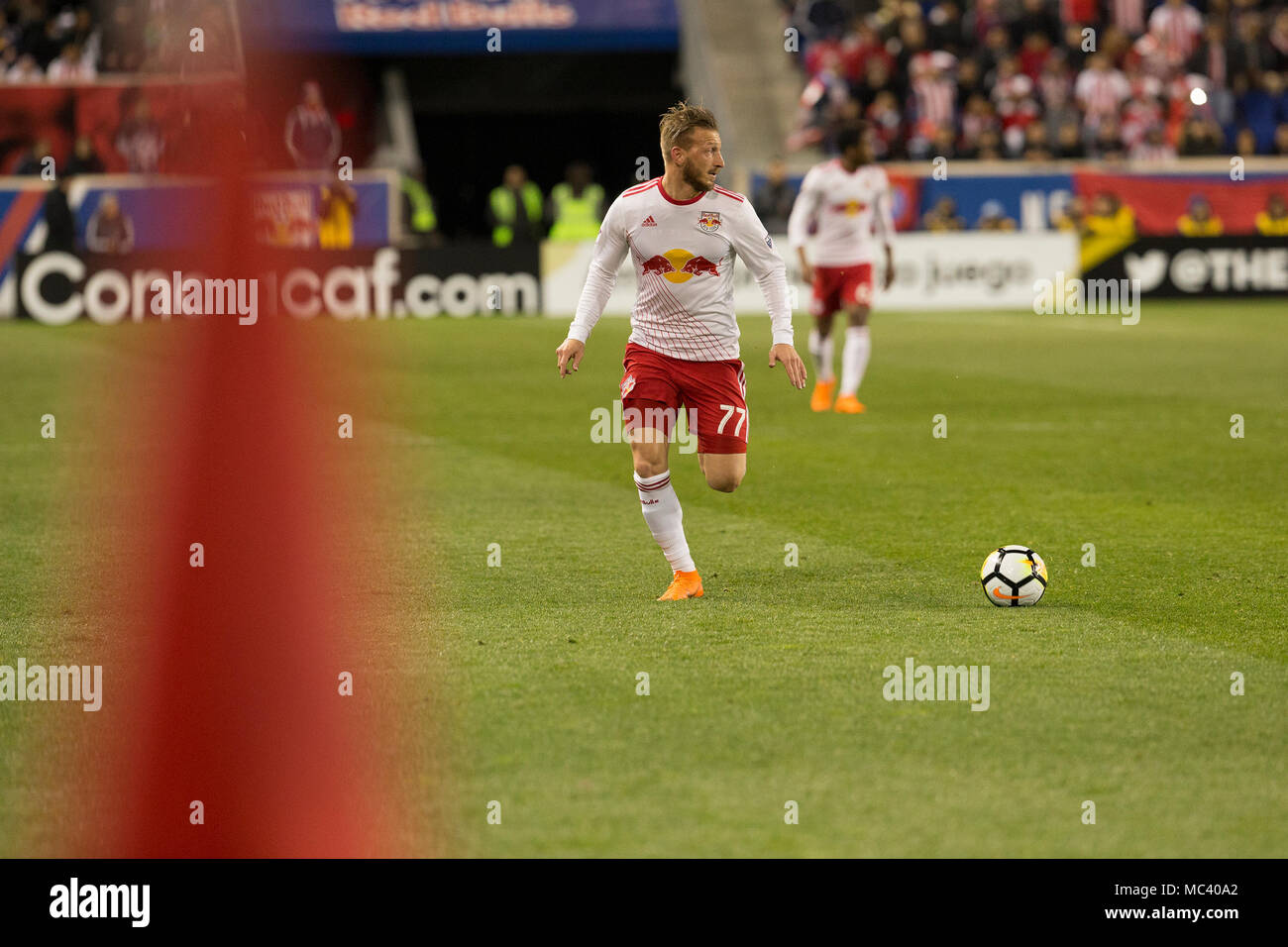 Harrison, United States. 10th Apr, 2018. Daniel Royer (77) of Red Bulls controls ball during Scotiabank Concacaf Champions League semifinal against CD Guadalajara at Red Bull Arena game ended in draw 0 - 0 (1 - 0 aggregate for Guadalajara) Credit: Lev Radin/Pacific Press/Alamy Live News Stock Photo