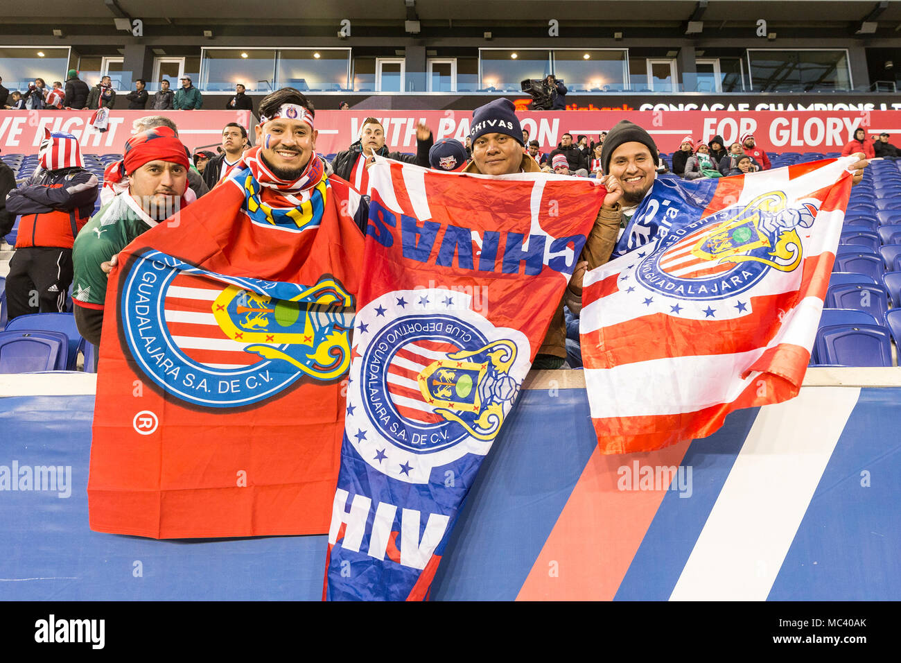 Harrison, United States. 10th Apr, 2018. Fans of CD Guadalajara attend Scotiabank Concacaf Champions League semifinal between Red Bulls & CD Guadalajara at Red Bull Arena game ended in draw 0 - 0 (1 - 0 aggregate for Guadalajara) Credit: Lev Radin/Pacific Press/Alamy Live News Stock Photo