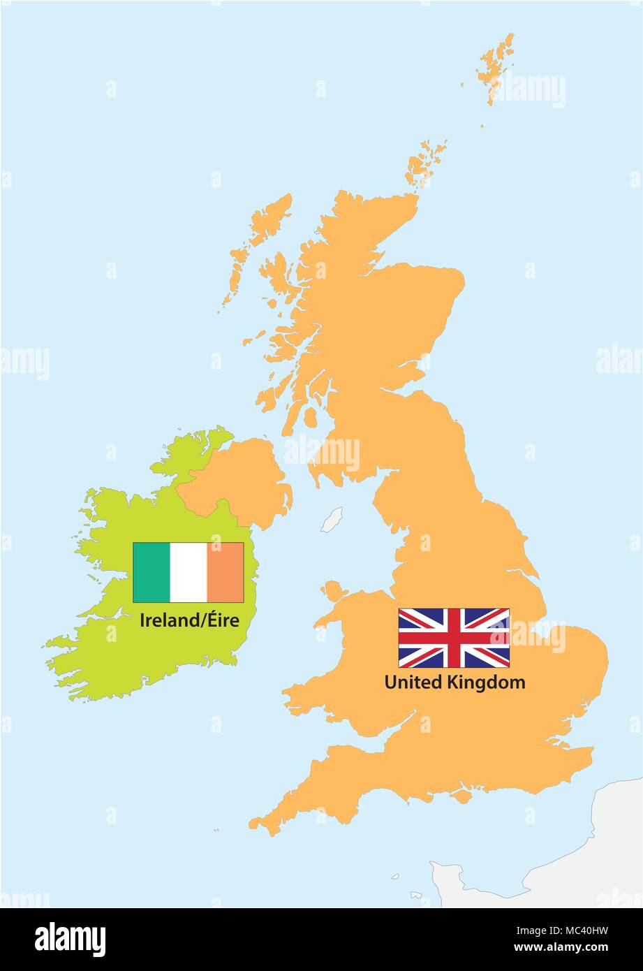 simple outline vector map of ireland and united kingdom with flag Stock Vector