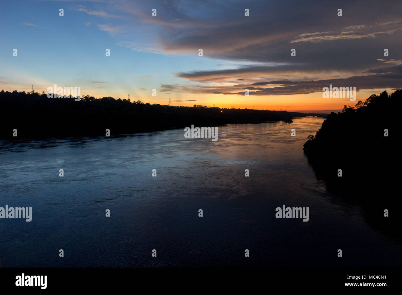 The river Nile near its origin in Uganda at twilight. Shot in May 2017. Stock Photo