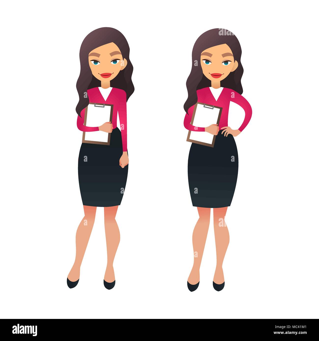 Set character businesswoman in various poses. Cartoon vector secretary or teacher on different working situations. Smiling business woman flat character on a white background. Stock Vector