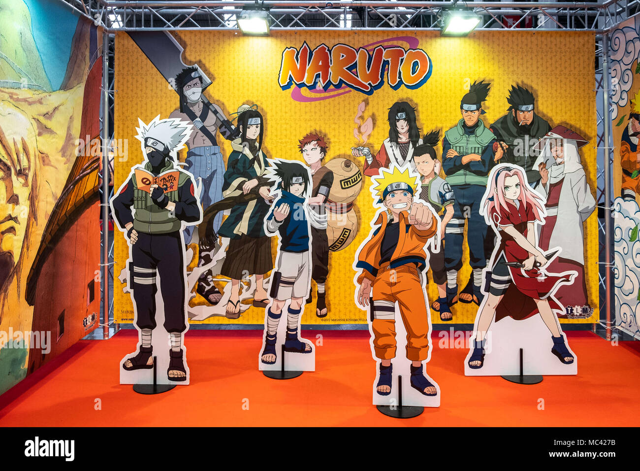 April 12, 2018 - Barcelona, Catalonia, Spain - Stage for selfies with Naruto characters. Opening of the 36th Barcelona International Comic Fair from 12th-15th April 2018 in Fira Barcelona MontjuÃ¯c. (Credit Image: © Paco Freire/SOPA Images via ZUMA Wire) Stock Photo