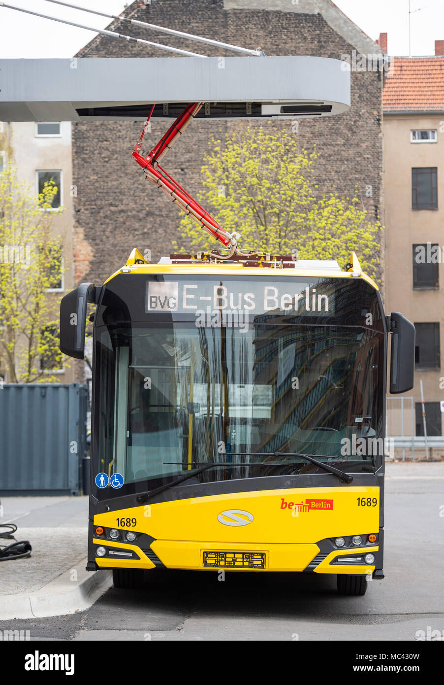 12 April 18 Berlin Germany A Berlin Public Transport Bvg E Bus At The Opening Of An Innovative Charging Station For Electric Buses By Incorporating Them Into An Intelligent Energy Network The Batteries