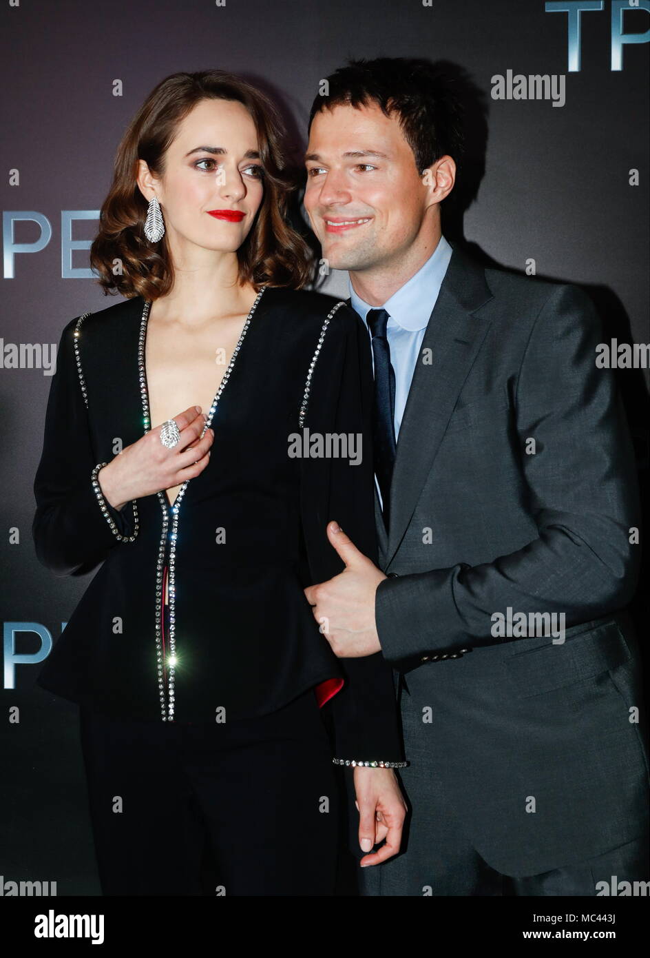 Moscow, Russia. 12th Apr, 2018. MOSCOW, RUSSIA - APRIL 12, 2018: Actors Danila  Kozlovsky (R) and Olga Zuyeva at the premiere of Kozlovsky's sports dram  film Coach at the Karo 11 Oktyabr