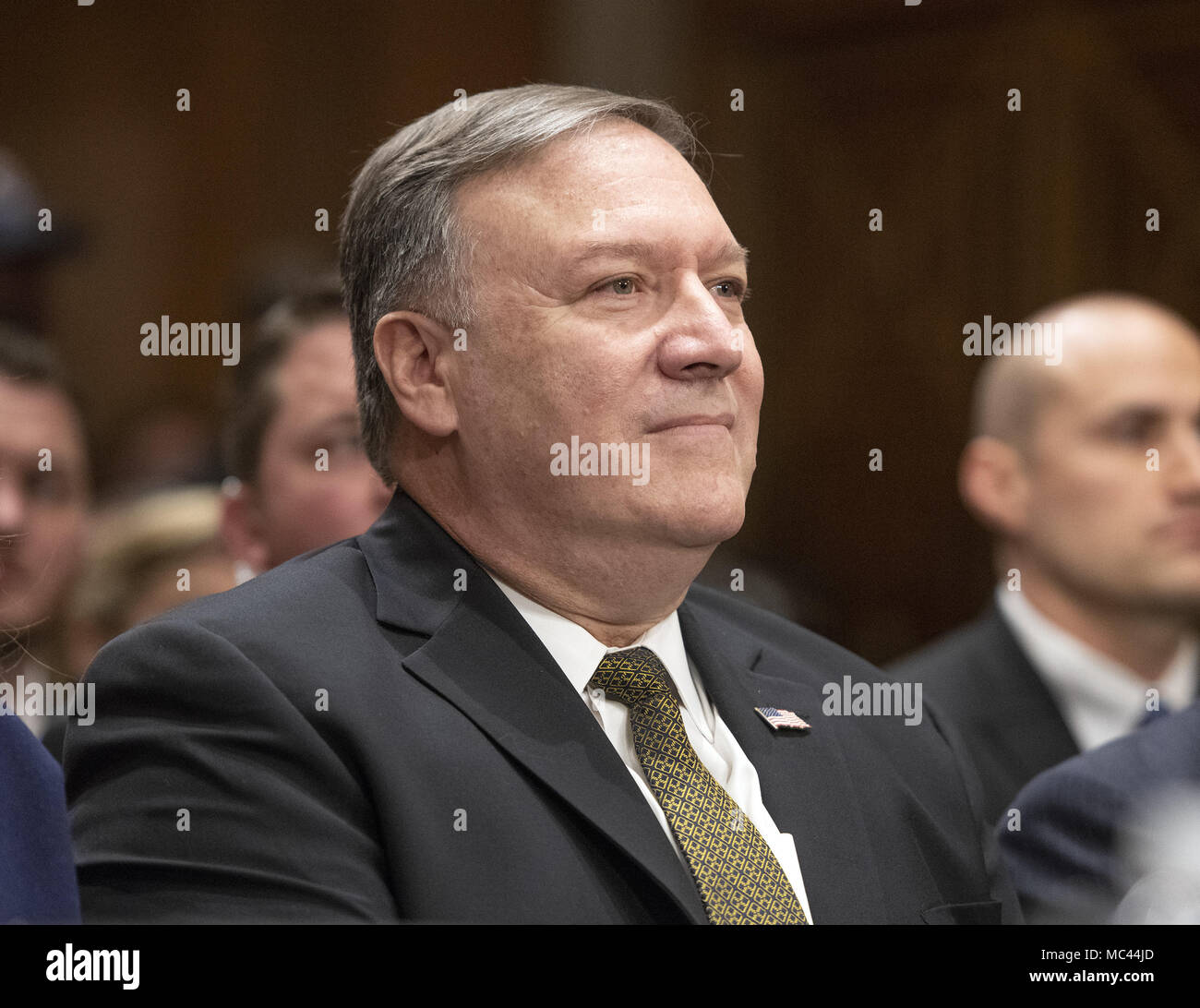 Washington, District of Columbia, USA. 12th Apr, 2018. CIA Director Mike Pompeo waits for his opportunity to testify on his nomination to be United States Secretary of State before the US Senate Committee on Foreign Relations on Capitol Hill in Washington, DC on Thursday, April 12, 2018.Credit: Ron Sachs/CNP Credit: Ron Sachs/CNP/ZUMA Wire/Alamy Live News Stock Photo