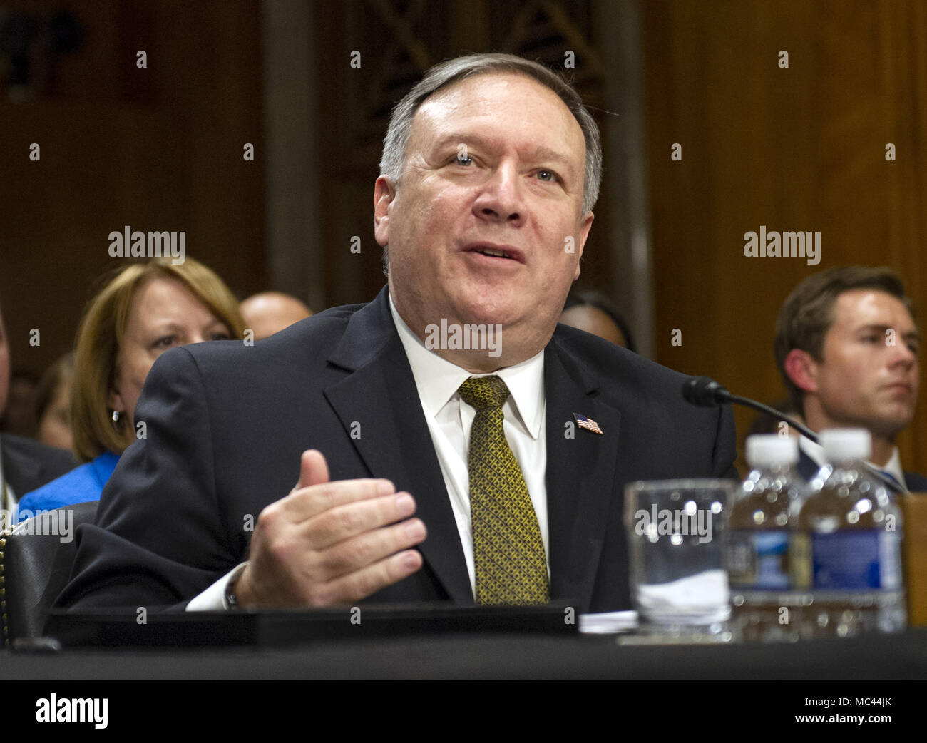 Washington, District of Columbia, USA. 12th Apr, 2018. CIA Director Mike Pompeo testifies on his nomination to be United States Secretary of State before the US Senate Committee on Foreign Relations on Capitol Hill in Washington, DC on Thursday, April 12, 2018.Credit: Ron Sachs/CNP Credit: Ron Sachs/CNP/ZUMA Wire/Alamy Live News Stock Photo