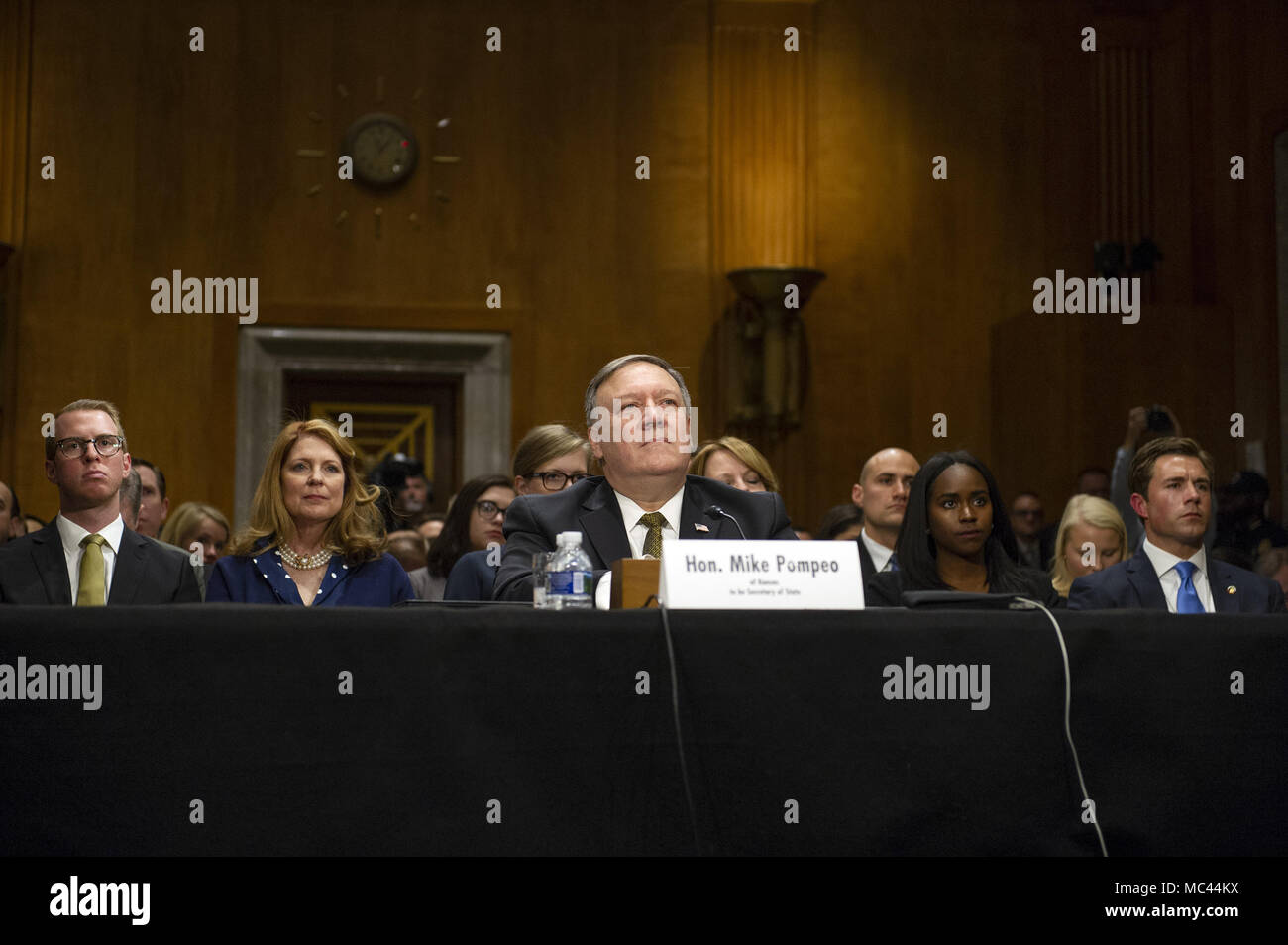 Washington, District of Columbia, USA. 12th Apr, 2018. CIA Director Mike Pompeo testifies on his nomination to be United States Secretary of State before the US Senate Committee on Foreign Relations on Capitol Hill in Washington, DC on Thursday, April 12, 2018.Credit: Ron Sachs/CNP Credit: Ron Sachs/CNP/ZUMA Wire/Alamy Live News Stock Photo