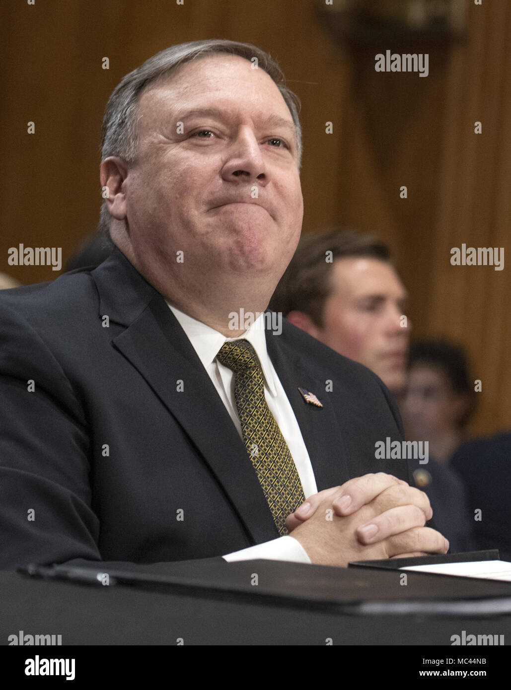 Washington, District of Columbia, USA. 12th Apr, 2018. CIA Director Mike Pompeo testifies on his nomination to be United States Secretary of State before the US Senate Committee on Foreign Relations on Capitol Hill in Washington, DC on Thursday, April 12, 2018.Credit: Ron Sachs/CNP Credit: Ron Sachs/CNP/ZUMA Wire/Alamy Live News Stock Photo
