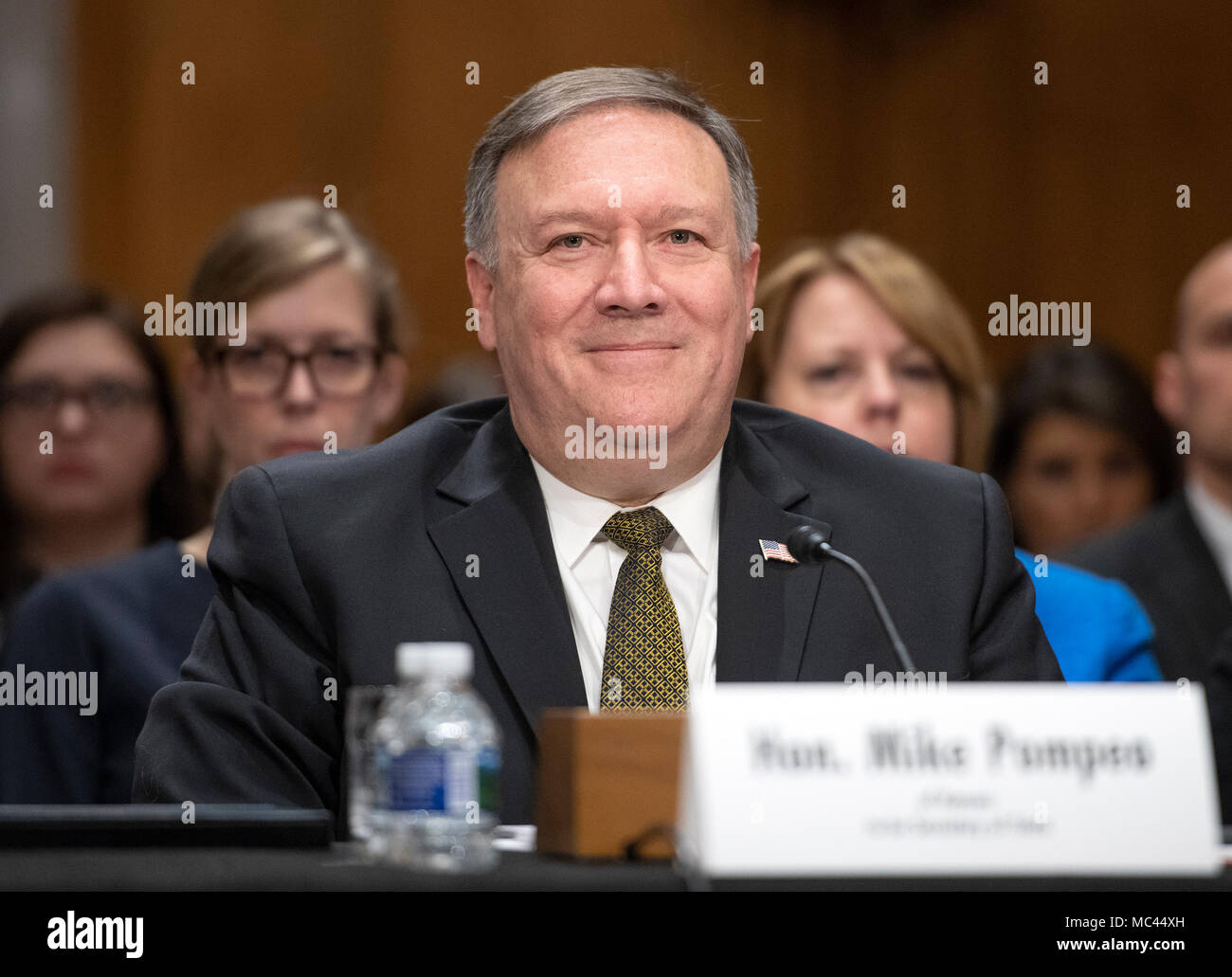 CIA Director Mike Pompeo testifies on his nomination to be United States Secretary of State before the US Senate Committee on Foreign Relations on Capitol Hill in Washington, DC on Thursday, April 12, 2018. Credit: Ron Sachs/CNP /MediaPunch Stock Photo