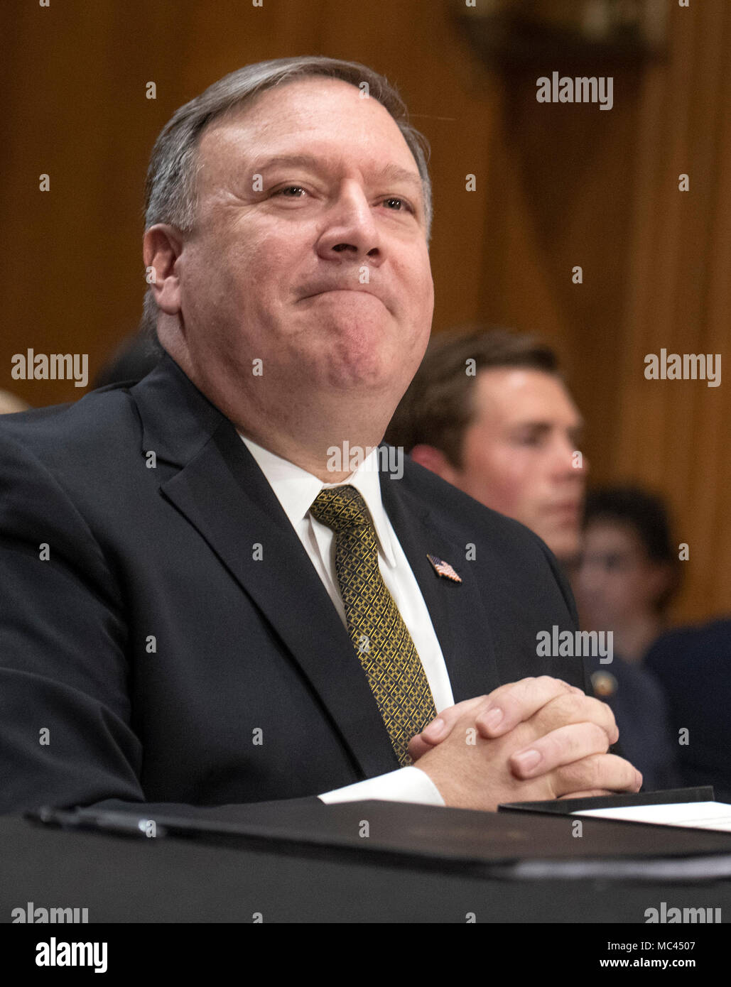 CIA Director Mike Pompeo testifies on his nomination to be United States Secretary of State before the US Senate Committee on Foreign Relations on Capitol Hill in Washington, DC on Thursday, April 12, 2018. Credit: Ron Sachs/CNP /MediaPunch Stock Photo