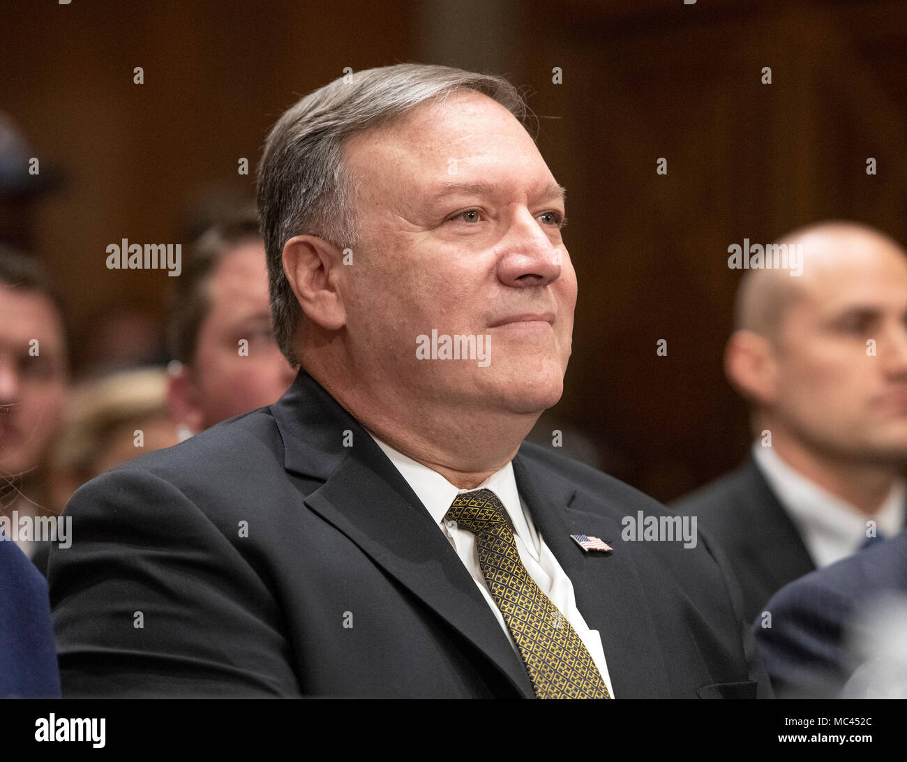 CIA Director Mike Pompeo waits for his opportunity to testify on his nomination to be United States Secretary of State before the US Senate Committee on Foreign Relations on Capitol Hill in Washington, DC on Thursday, April 12, 2018. Credit: Ron Sachs/CNP /MediaPunch Stock Photo