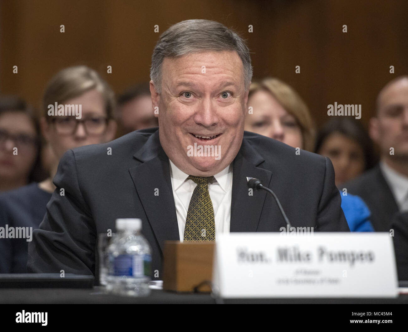 April 12, 2018 - Washington, District of Columbia, U.S. - CIA Director Mike Pompeo testifies on his nomination to be United States Secretary of State before the US Senate Committee on Foreign Relations on Capitol Hill. (Credit Image: © Ron Sachs/CNP via ZUMA Wire) Stock Photo