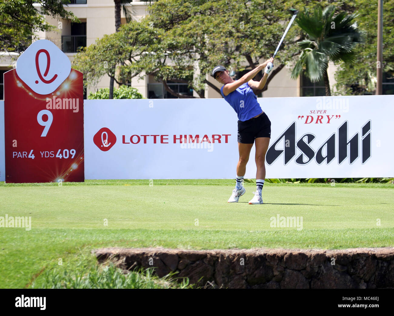 April 11, 2018 - Jaye Marie Green tees off on the 9yh hole during the first round of the LPGA LOTTE Championship at the Ko Olina Golf Club in Kapolei, HI - Michael Sullivan/CSM Stock Photo