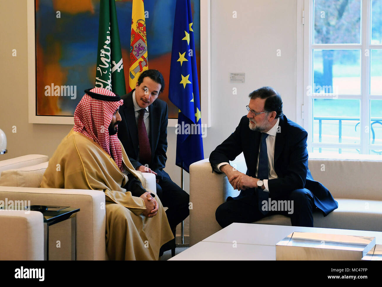Madrid. 12th Apr, 2018. Spanish Prime Minister Mariano Rajoy Brey (R) meets with visiting Saudi Crown Prince Mohammed bin Salman in Madrid April 12, 2018. Credit: Guo Qiuda/Xinhua/Alamy Live News Stock Photo