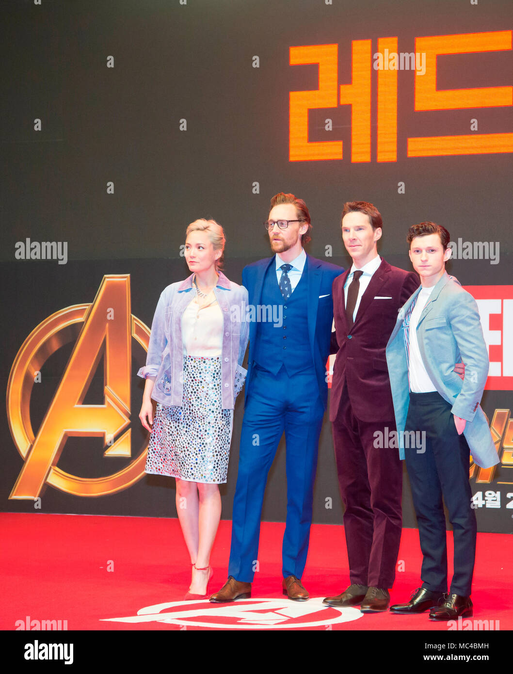 Pom Klementieff, Tom Hiddleston, Benedict Cumberbatch and Tom Holland, Apr  12, 2018 : Cast members of the new movie "Avengers: Infinity War", (L-R)  Pom Klementieff, Tom Hiddleston, Benedict Cumberbatch and Tom Holland
