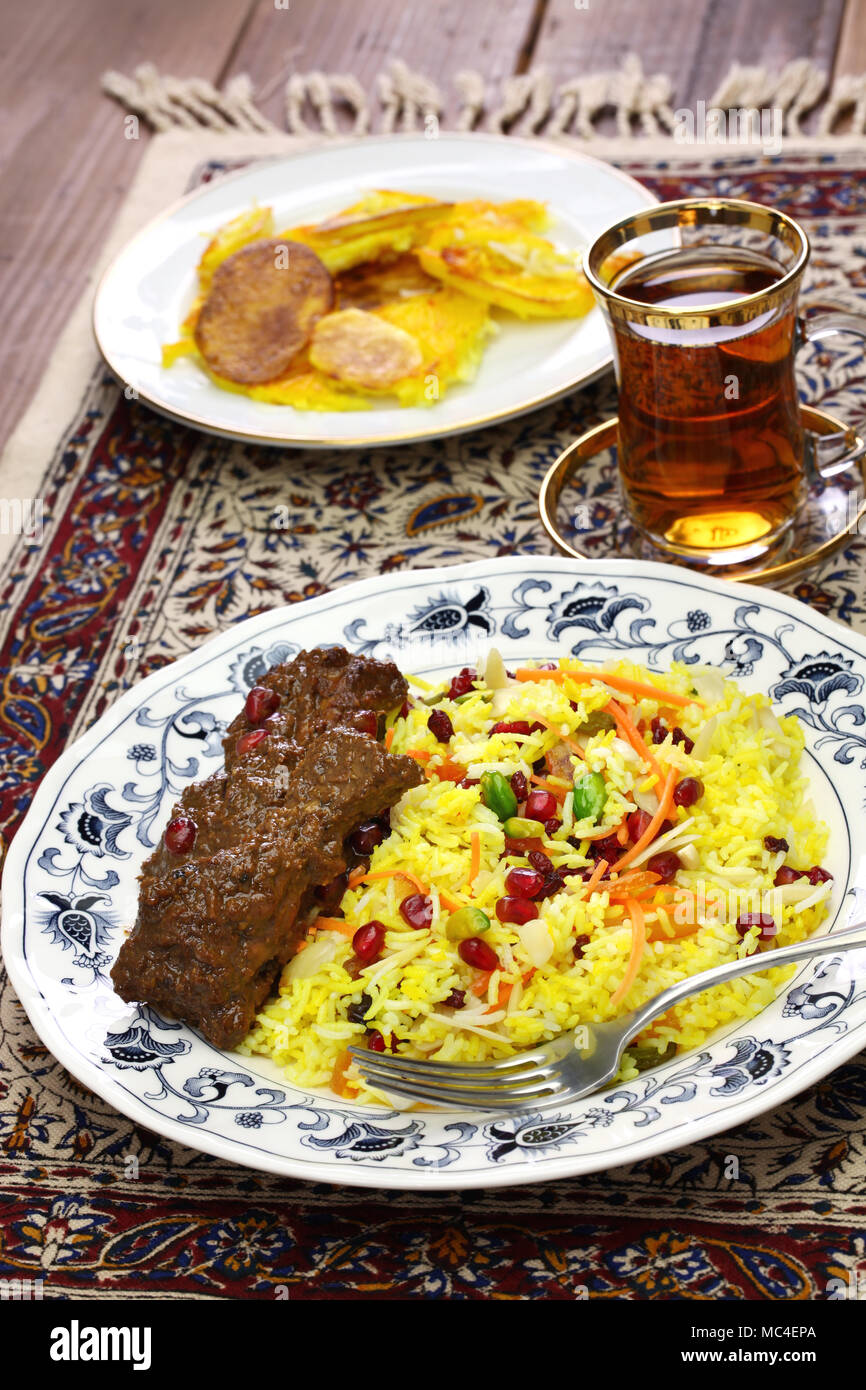 iranian cuisine, persian jeweled rice and chicken fesenjan, potato