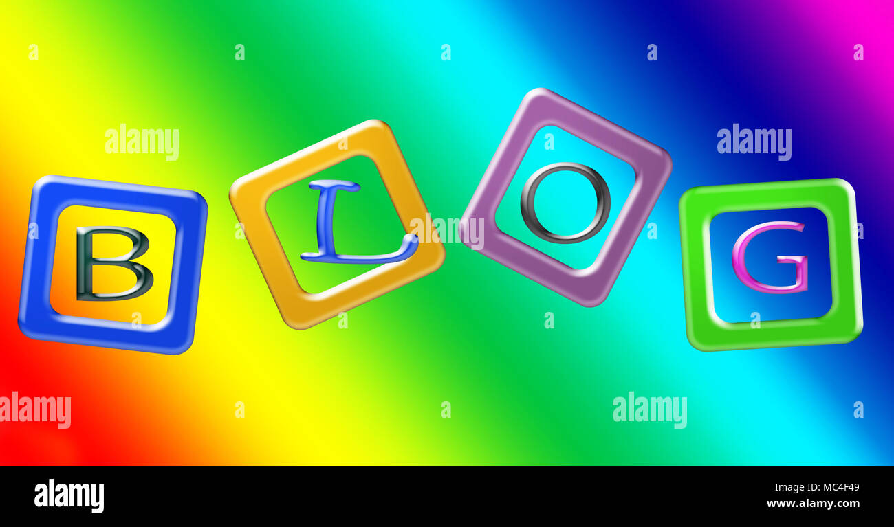 Blocks of color spelling the word BLOG against a vibrant rainbow background Stock Photo