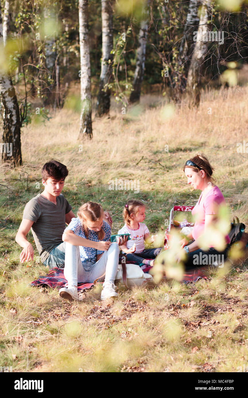 Family spending vacation time together having a snacks on a picnic sitting on blanket on grass in forest on sunny day in the summertime Stock Photo