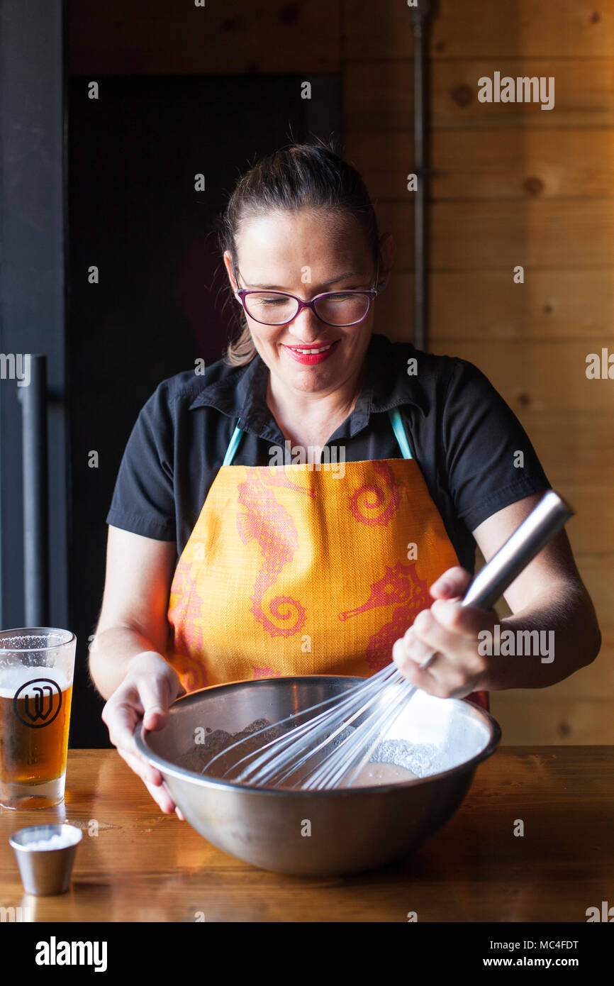 Chef Krista Velasco making fish tacos (tacos de pescado) Cerveceria