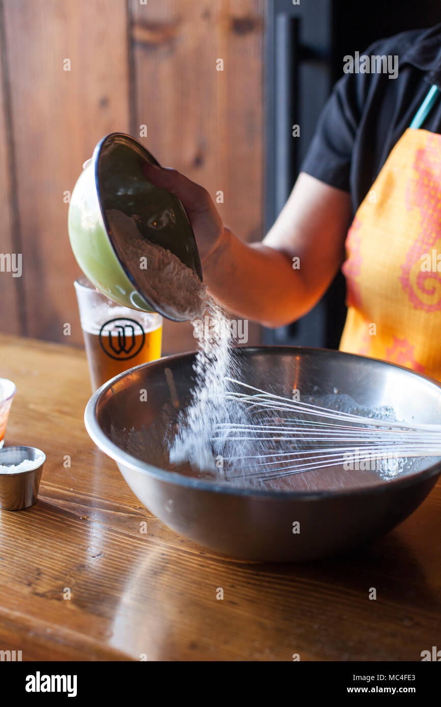 Chef Krista Velasco making fish tacos (tacos de pescado) Cerveceria Wendlandt, Ensenada, Baja