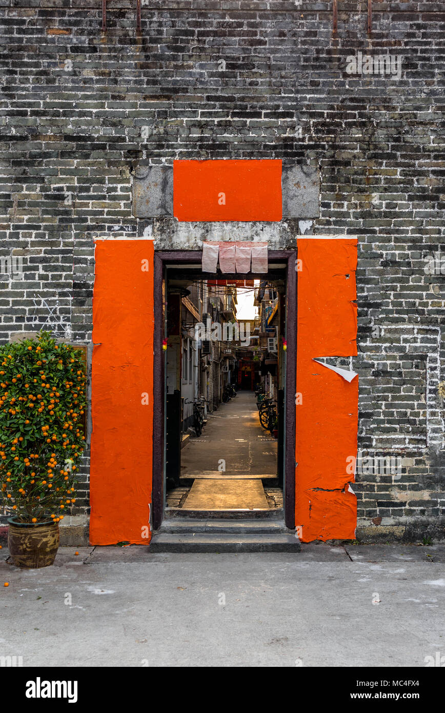 Narrow entrance of the walled village of Kat Hing Wai near Hong Kong in