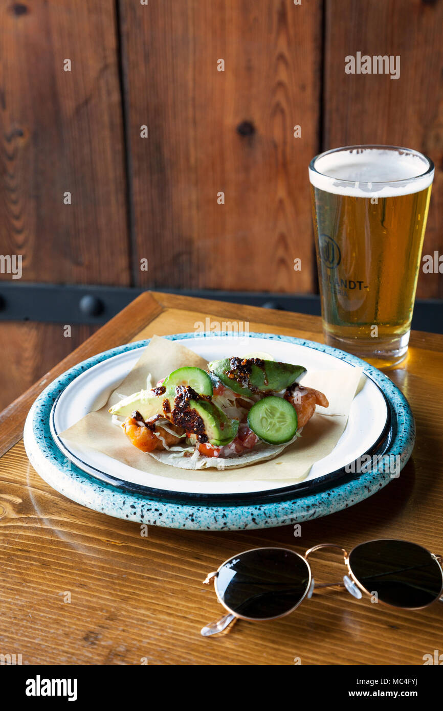 Artisanal beer Fish tacos (tacos de pescado) Cerveceria Wendlandt