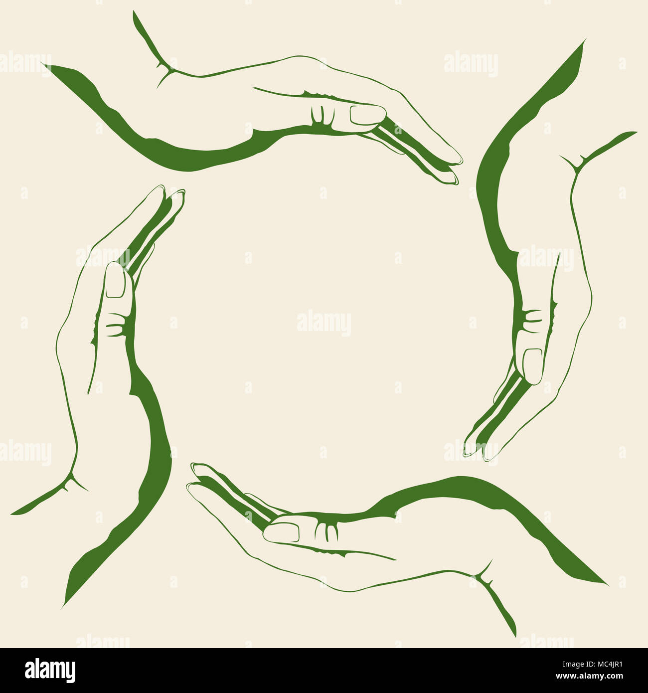 Four people hands making circle conceptual green round symbol, eco-friendly, sustainability and environment concept, isolated illustration on white ba Stock Photo