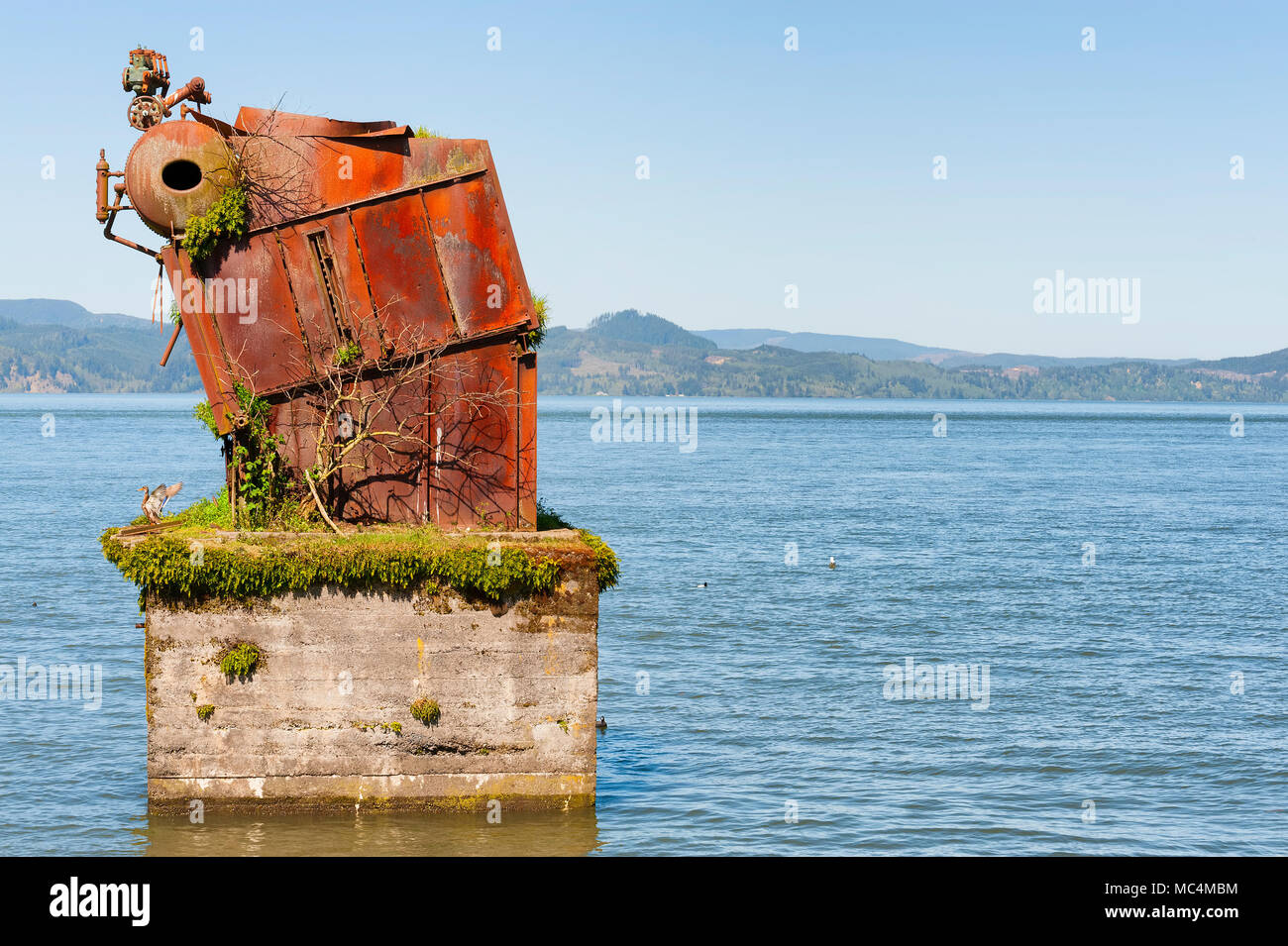 Large rusted out boiler is the remnant of White Star Cannery that was destroyed by fire over 50 years ago in Astoria, Oregon. Stock Photo