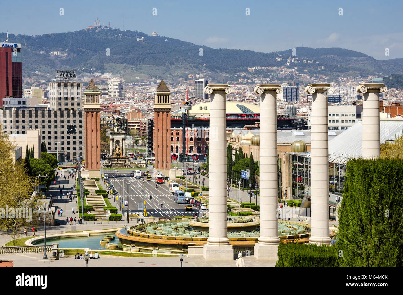 A view down Avinguda de la Reina Maria Cristina towards The Venetian Towers in Barcelona, Spain. Stock Photo