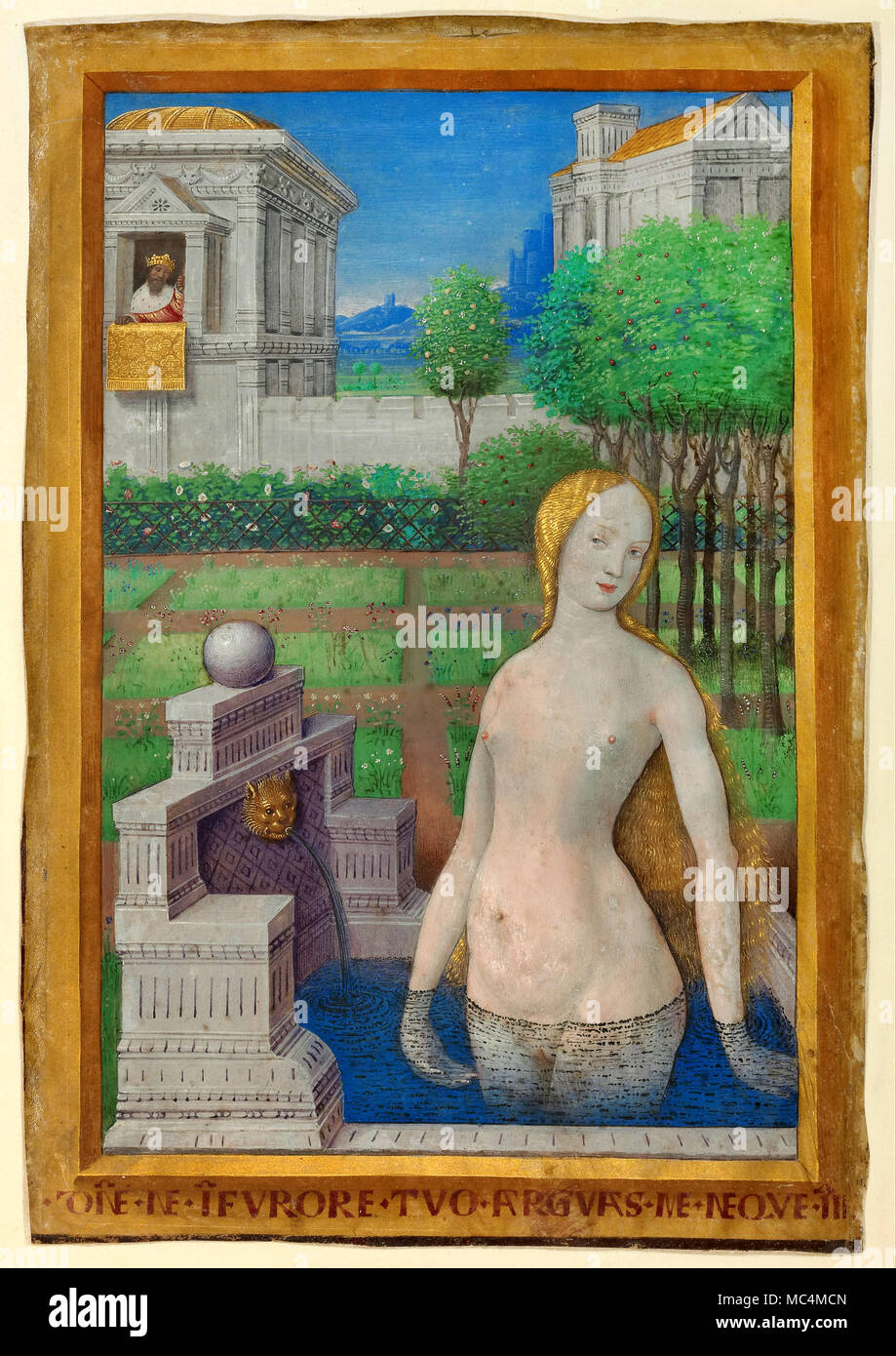 Jean Bourdichon, Bathsheba Bathing 1498-1499 Tempera and gold on parchment. The J. Paul Getty Museum. Stock Photo