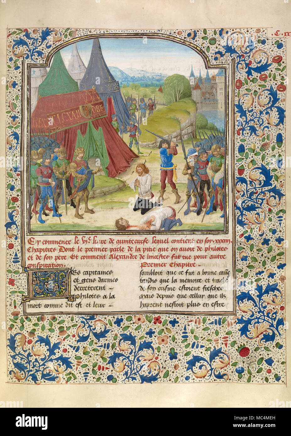 Master of the Jardin de Vertueuse - The Execution of Philotas. Circa 1470-1475. 'Tempera colors, gold leaf, gold paint, and ink on parchment. Getty Ce Stock Photo