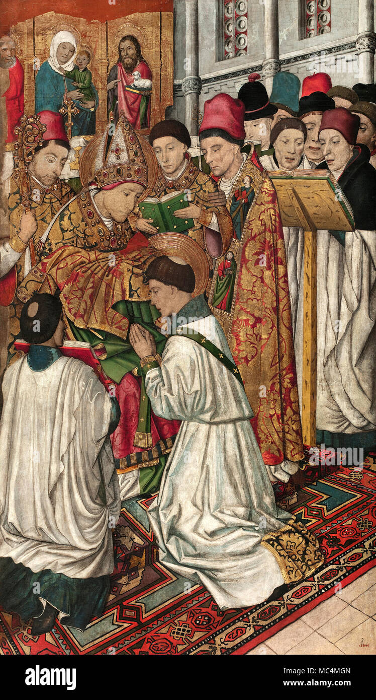 Jaume Huguet, Saint Vincent Ordained by Saint Valerius. Circa 1455-1460. Tempera, stucco reliefs and gold leaf on wood. Museu Nacional d'Art de Catalu Stock Photo