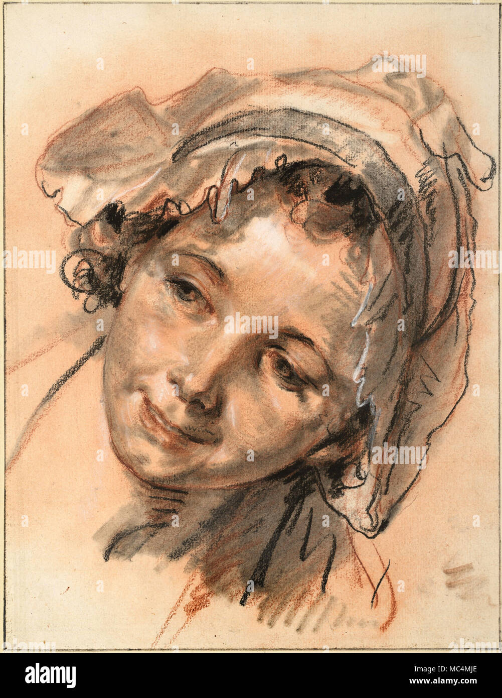 Jean-Baptiste Greuze, Head of Smiling Girl. Circa 1756. Black and white chalk on brown paper. Albertina, Vienna, Austria. Stock Photo