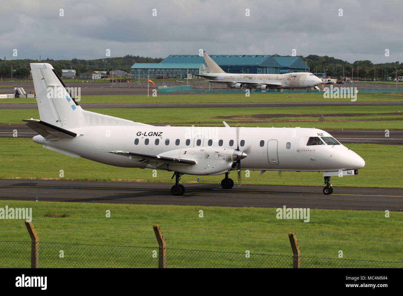 G-LGNZ, a Saab 340 operated by Loganair, at Pretswick International Airport in Ayrshire, Scotland. Stock Photo