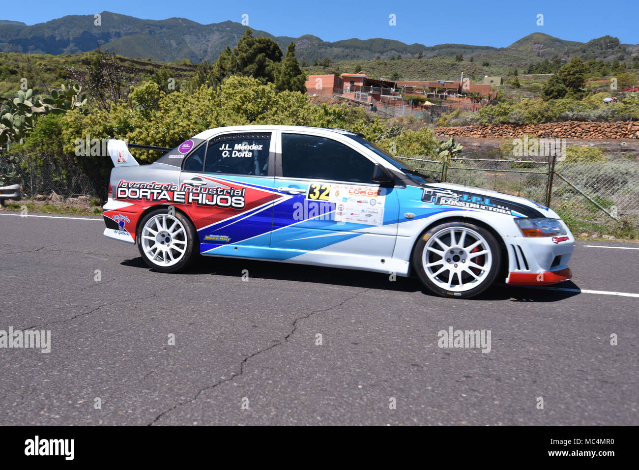 Tenerife, Spain - March, 24, 2018: Mitsubishi Evo in Subida a los loros rally race in Tenerife, Canary islands, Spain. Stock Photo