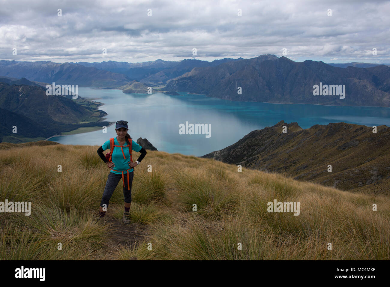 Trekking to Isthmus Peak Track near Wanaka, Otago, New Zealand Stock Photo