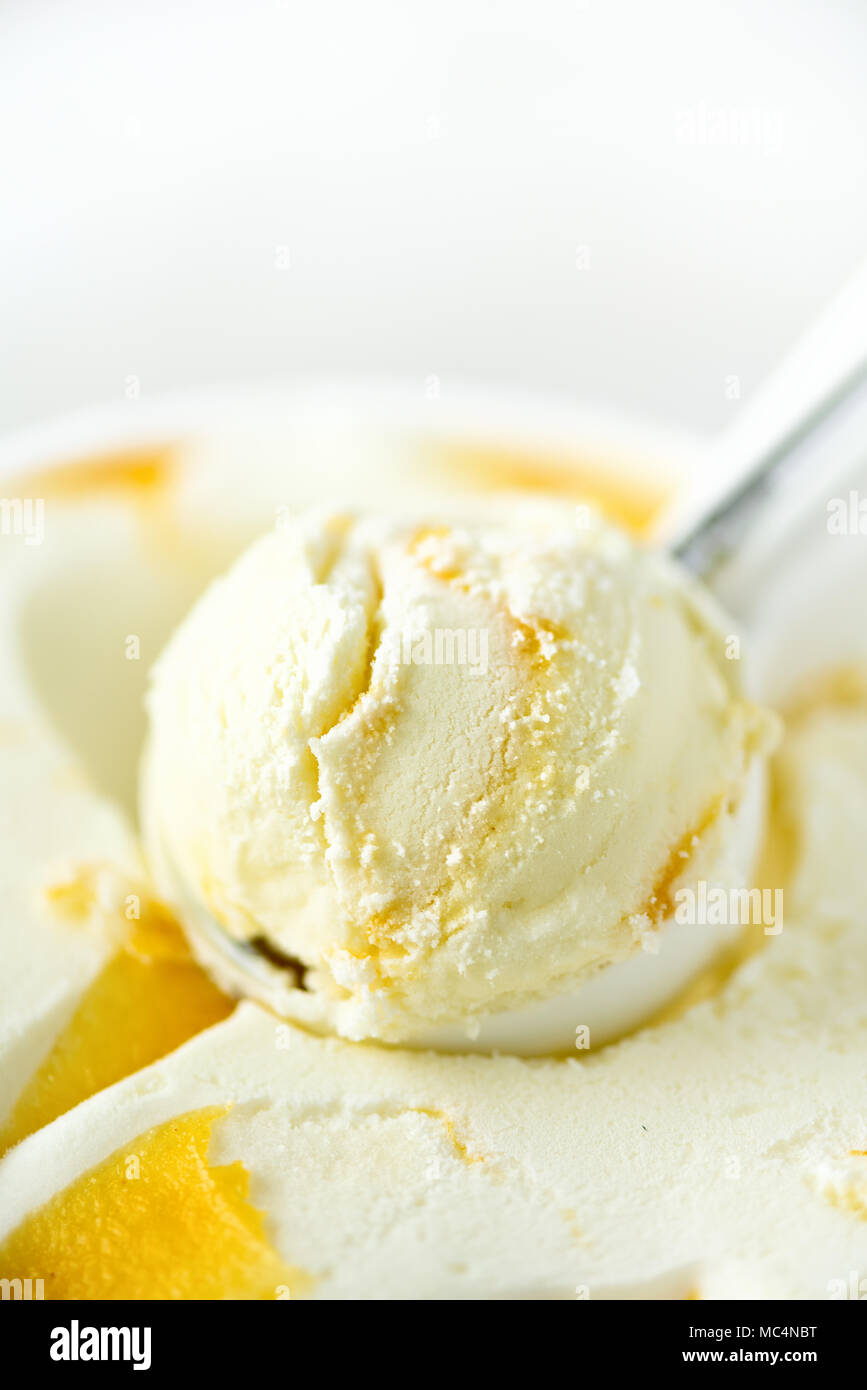 Vanilla ice cream scoop background. Summer food concept, copy space