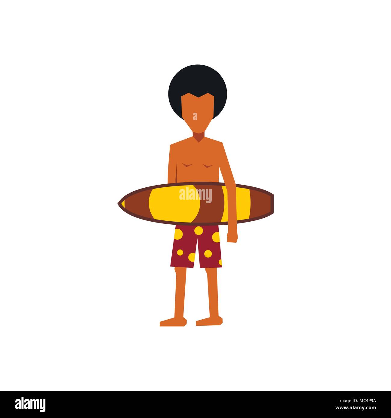 Surfer man holding yellow surfboard icon Stock Vector
