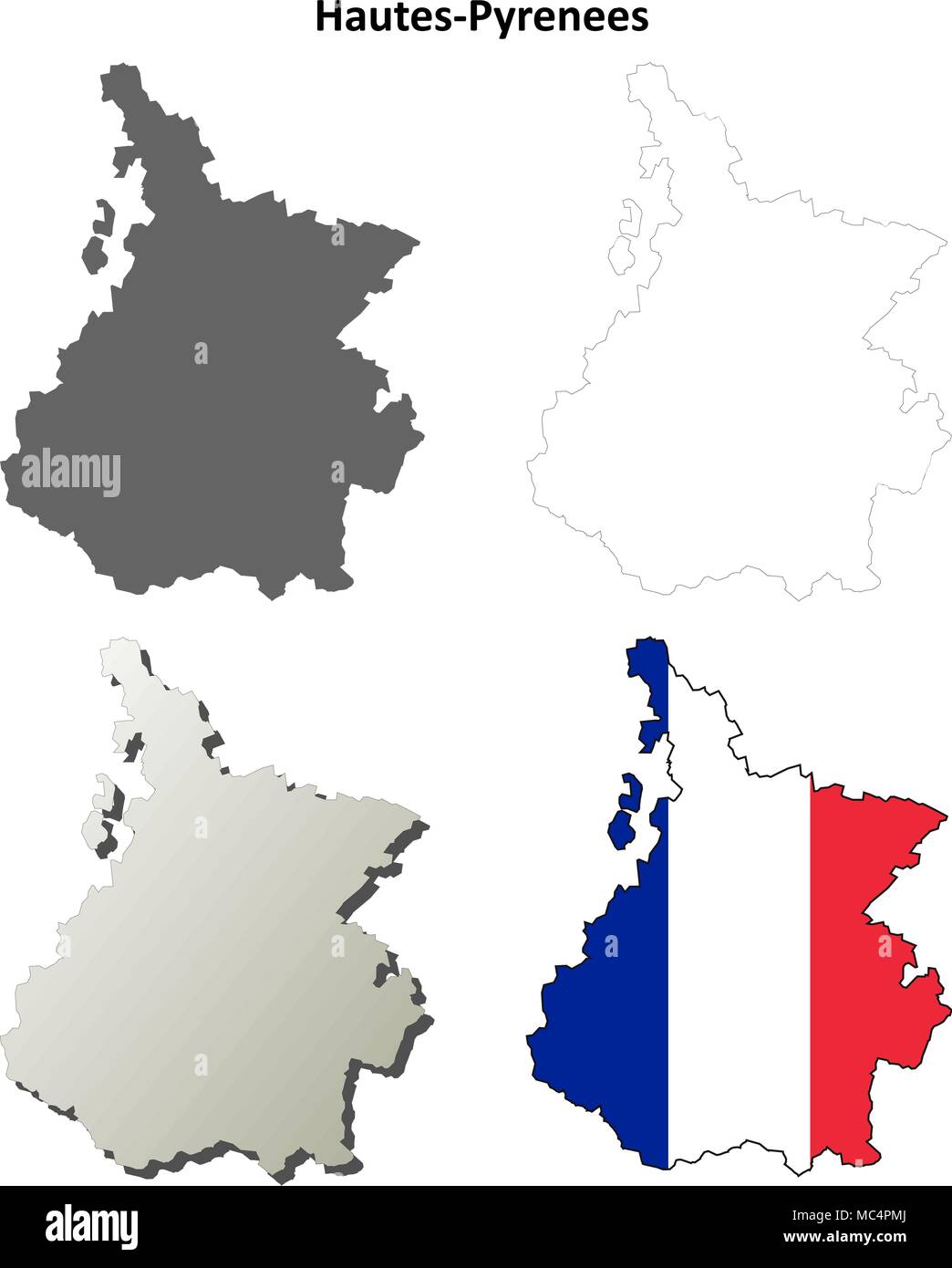 Hautes-Pyrenees, Midi-Pyrenees outline map set Stock Vector