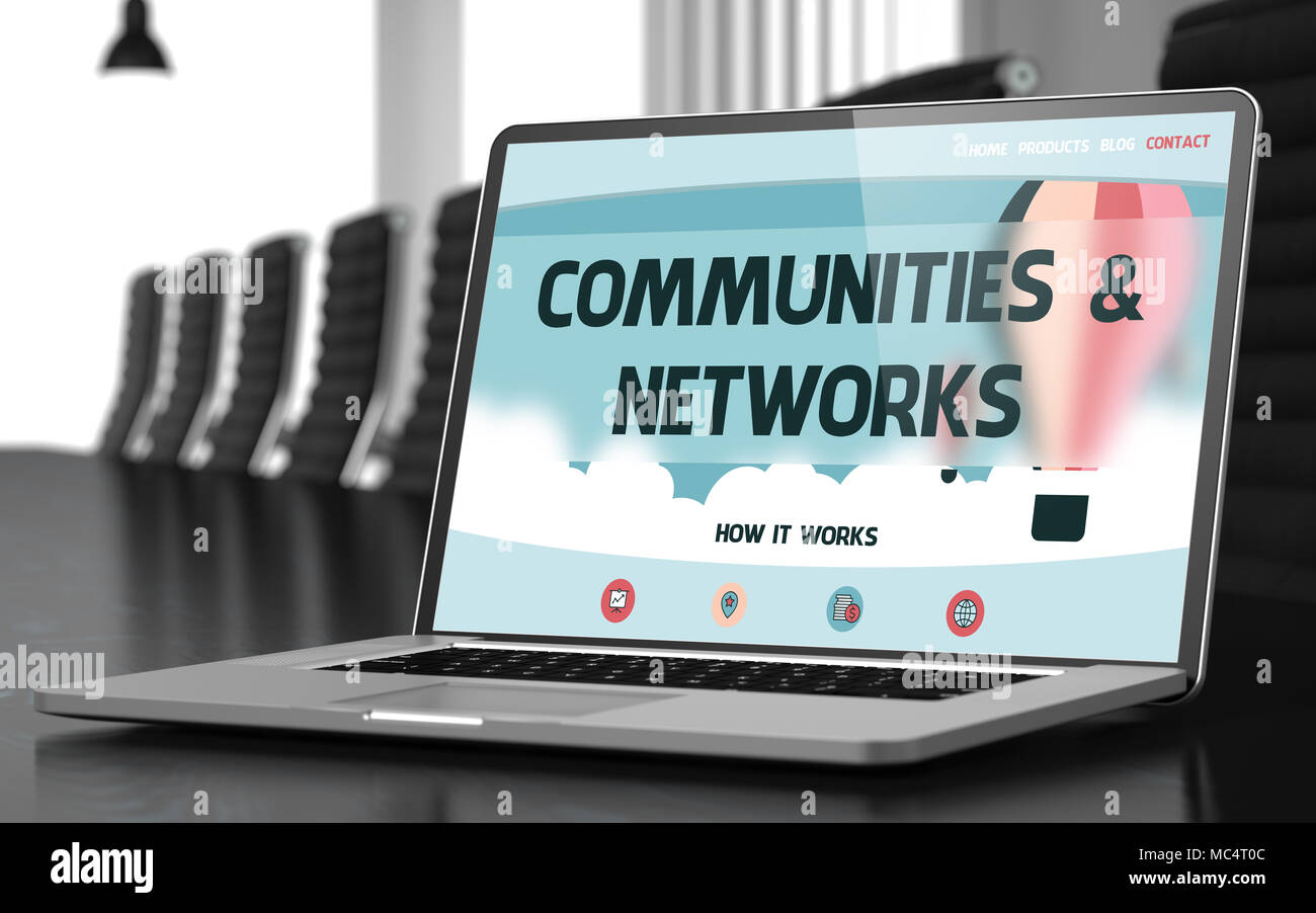 Communities and Networks on Laptop in Meeting Room. 3d Stock Photo