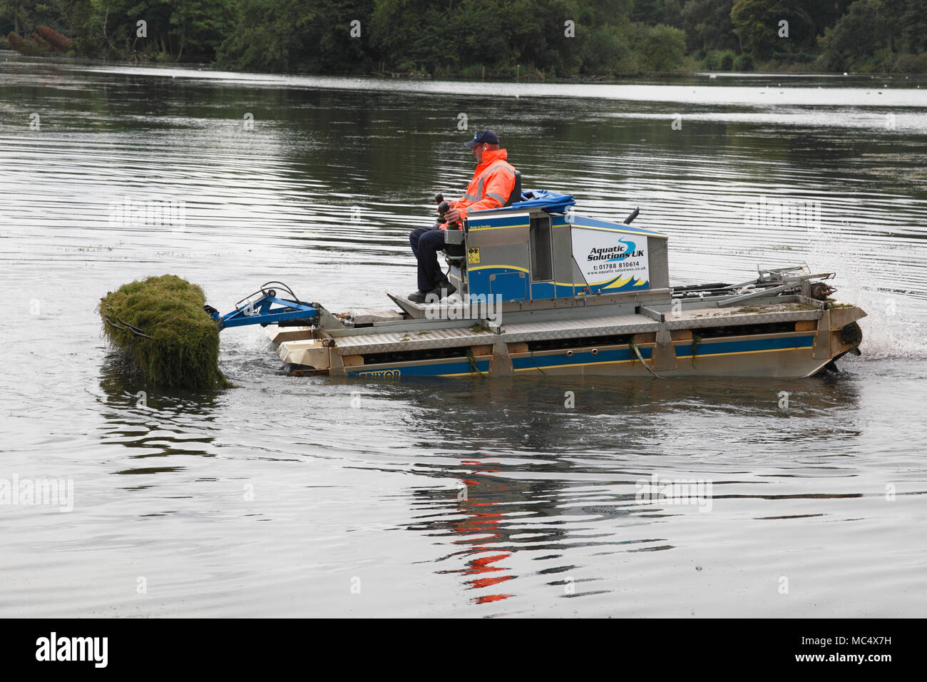 A 3 Truxor amphibious machine for collecting and gathering aquatic weeds in operation at Trentham Gardens, Stoke on Trent Stock Photo