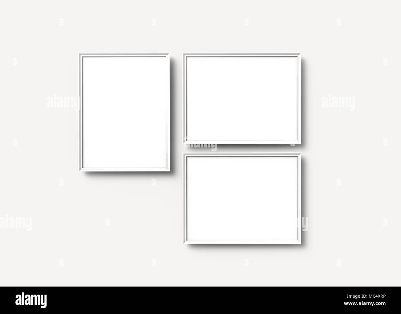 White picture frames, 3d render thin frames set with empty space for