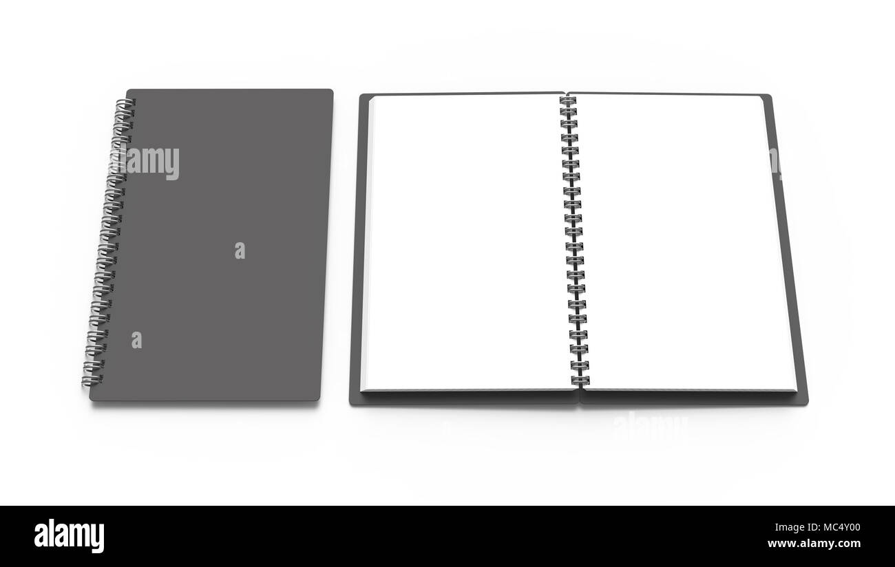 Spiral notebook in 3d render, open notebooks set with empty space for